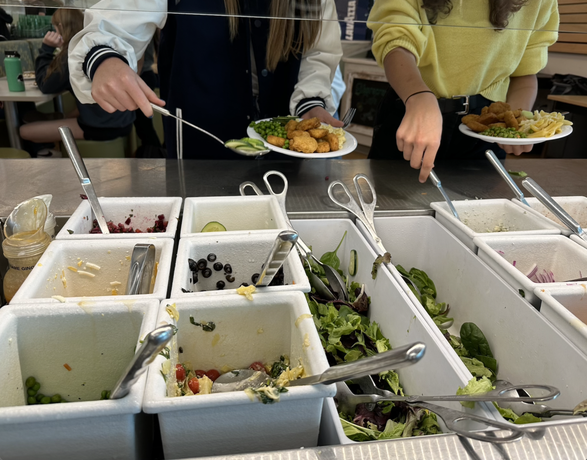 Upper School students get food from the SAGE salad bar. These healthy options are available at lunch every day, so go seek them out. Photo by Arden Katcha.