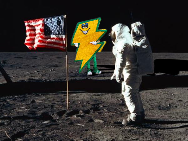 Sparky stands on the surface of the moon with Neil Armstrong. Illustration by Gabe Besecker.
