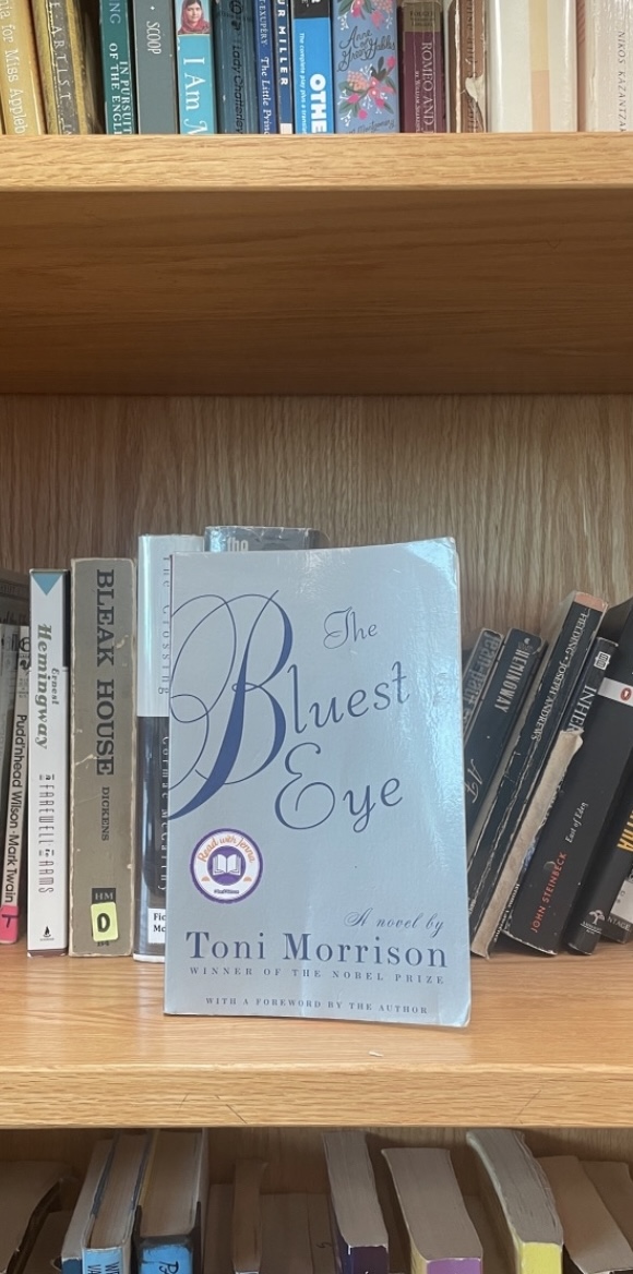 The Bluest Eye, one of the books banned in Pinellas County public schools, on a Shorecrest shelf. The book addresses the serious topics of sexual abuse, trauma, and blackness in a white-dominated society. Photo by Story Pennock.
