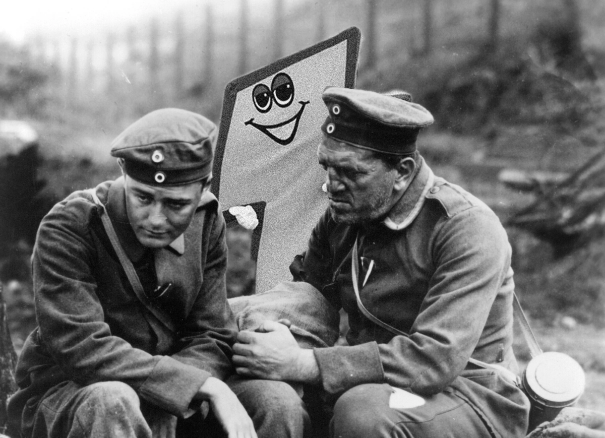 Sparky consoles two WW1 soldiers after a harsh battle on the Western Front (Colorized 1915). Illustration by Gabe Besecker.
