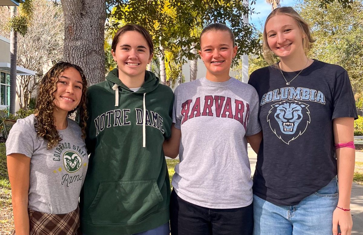 Committed senior athletes (Left to right: Kaja Dionne, Sonoma Kasica, Kate Danielson, and Maria Happ) proudly join for a photo in their respective college apparel. They will take with them a sense of pride in both Shorecrest and women’s athletics as they move on in their collegiate journeys. Photo by Diana Muzzarelli.