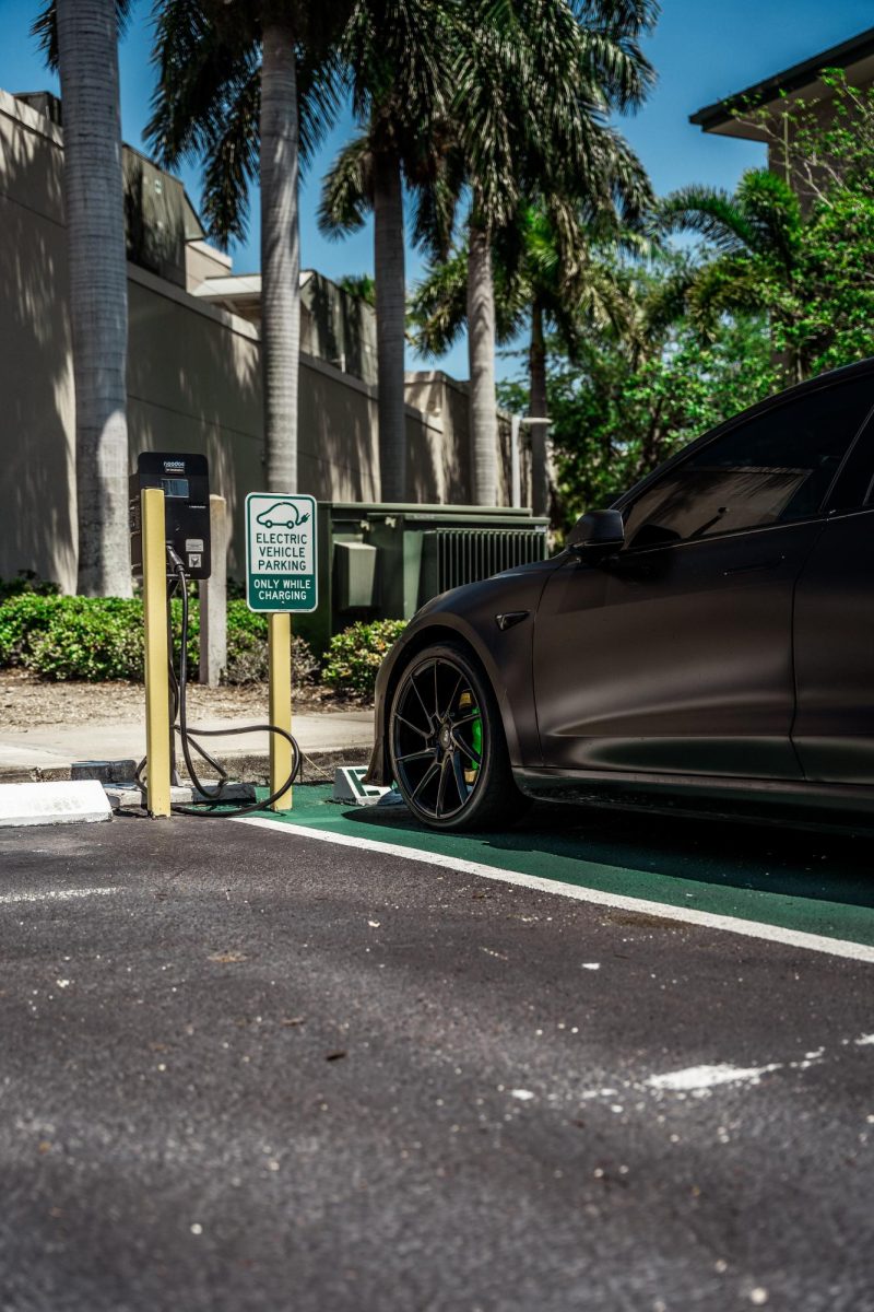 A Tesla charges using one of the Shorecrest EV Chargers. The chargers will soon be open for public use after extensive construction during the 2023-2024 school year. 
