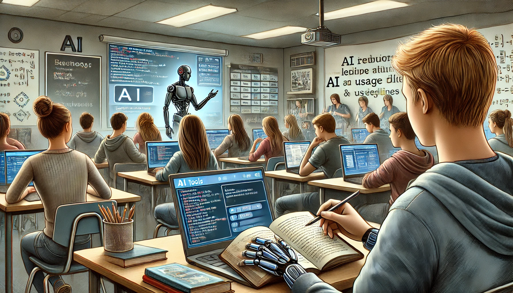 The Chronicle decided to do an experiment and generate an AI photo using OpenAI by typing “A high school classroom scene showing students and teachers interacting with technology.” One student is working on a laptop with AI tools open.