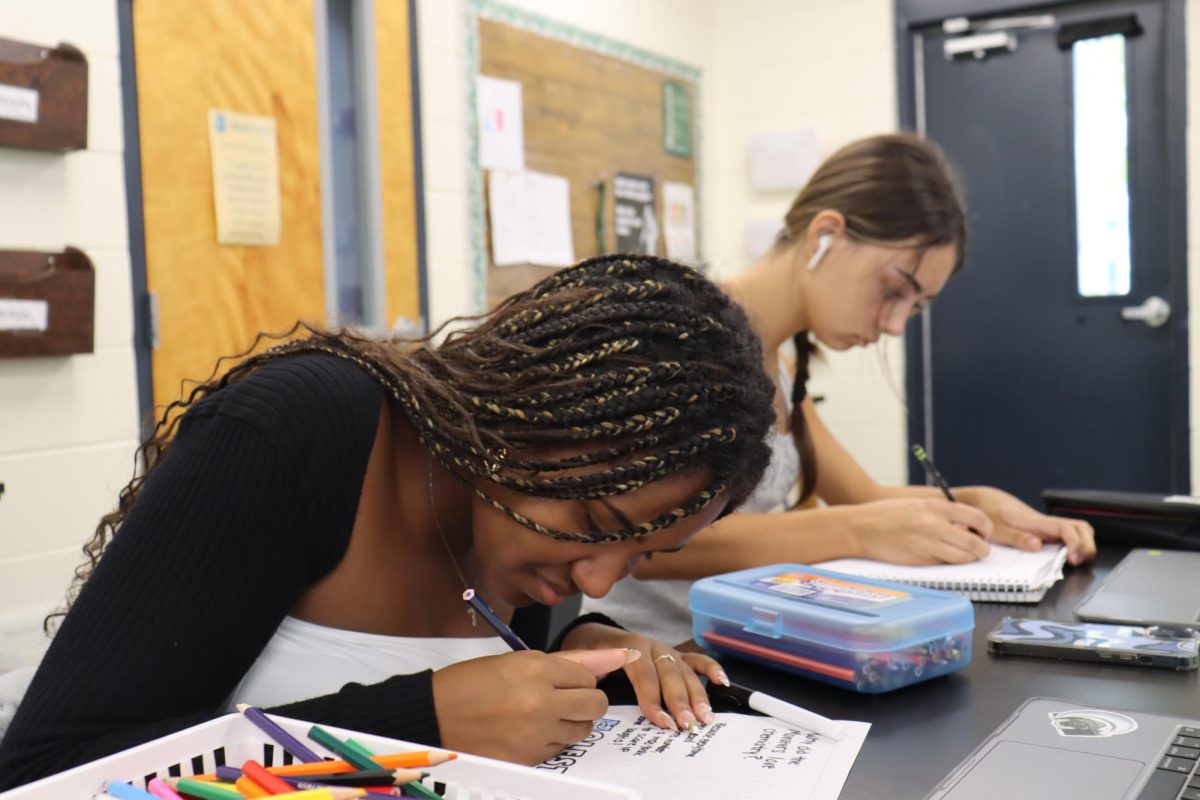 Sophomores Sloane Williams and Indi Wells study during their free period. If underclassmen
have a free period, they must report to a designated study hall room. 