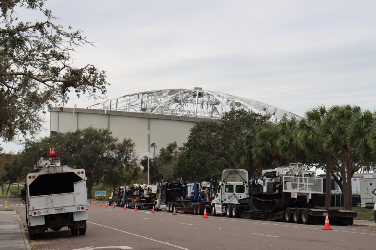 Tropicana Field, the home of the Tampa Bay Rays, following Hurricane Milton. Winds from the storm ripped off the stadium’s Teflon-coated fiberglass roof, exposing the inside to natural elements for the first time ever. 