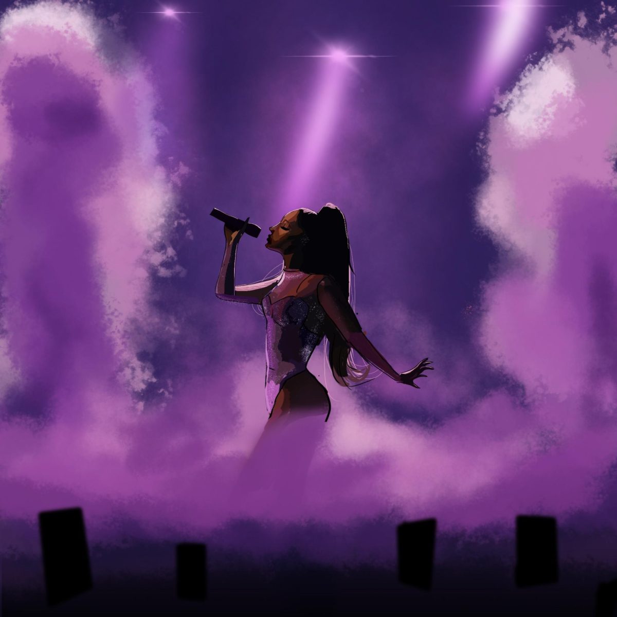 An illustration of Ariana Grande showcasing her iconic stage presence.