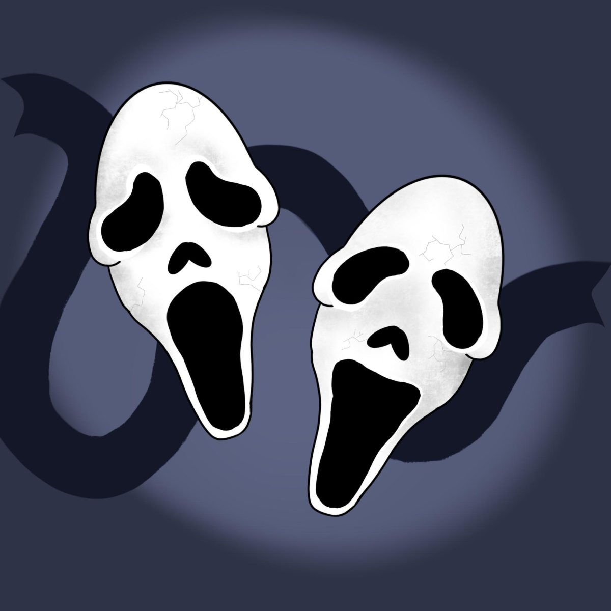 Two ghost-faced masks, a reference to the popular killer in the Scream movies, here represent the comedy-tragedy masks associated with theater.
