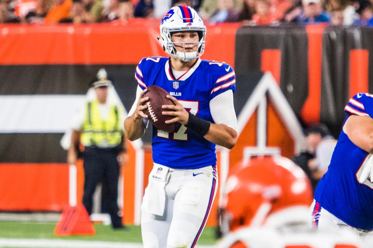 NFL MVP contender Josh Allen playing for the Buffalo Bills in a pre-season game against the Cleveland Browns on August 17, 2018. Photo by Erik Drost of Wikimedia Commons. CC by 2.0 license.