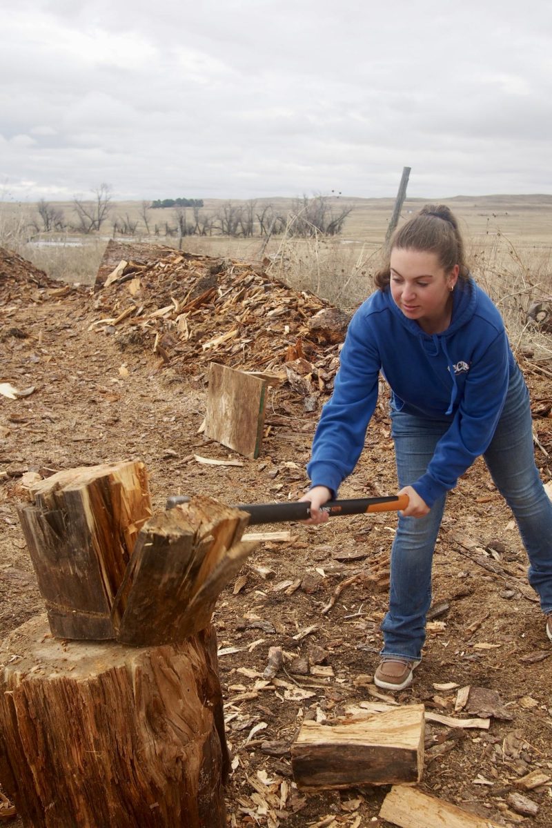 Sophomore Jill Marcus chopping wood during Service Week 2023 on the Pine Ridge Trip. Students worked to rebuild houses in the Oglala Lakota Nation on Pine Ridge Reservation, South Dakota.