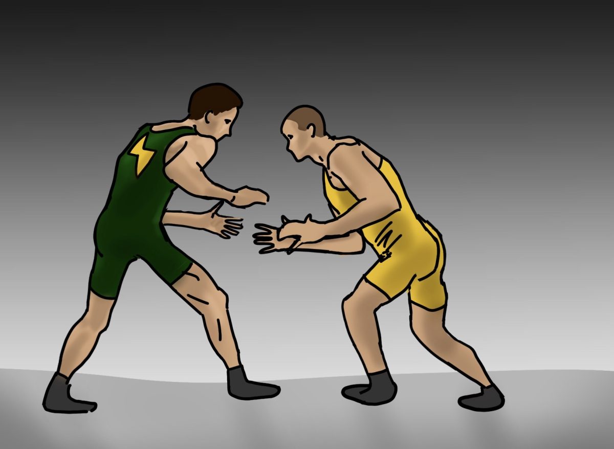 An illustration depicting wrestlers in action during a match.