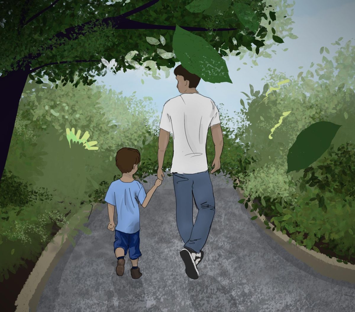 A teenager holding hands and walking with a younger kid through a scenic path.
