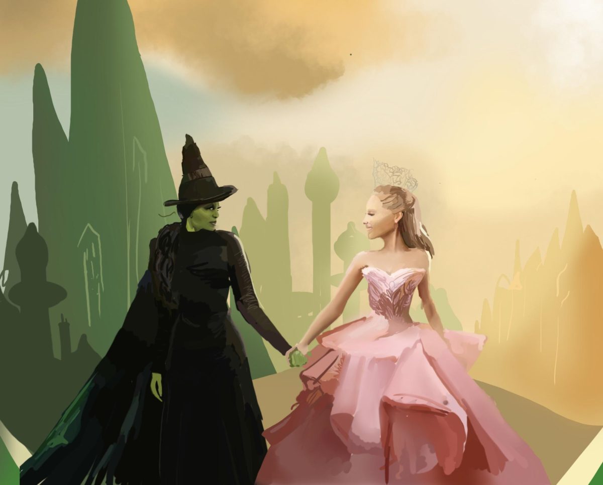 Wicked characters Galinda and Elphaba, played in the movie by Ariana Grande and Cynthia Erivo, hold hands in front of the emerald city.