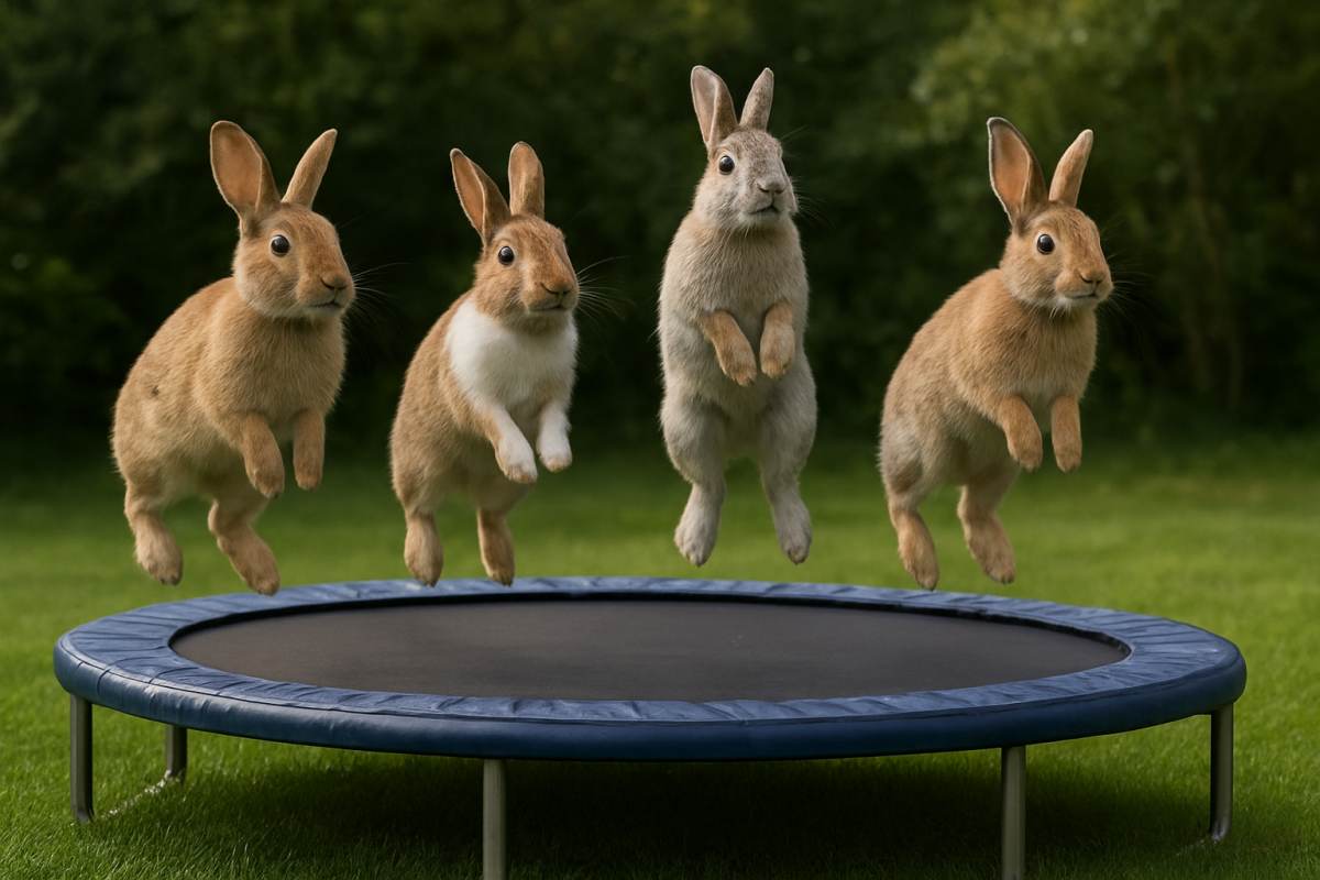 AI-generated bunnies jump atop a deepfake trampoline. A viral video of hyperrealistic bunnies on a trampoline circulating TikTok raised concerns about the realism of AI-generated videos. People are worried how easily they could be fooled by AI. Photo generated by ChatGPT.