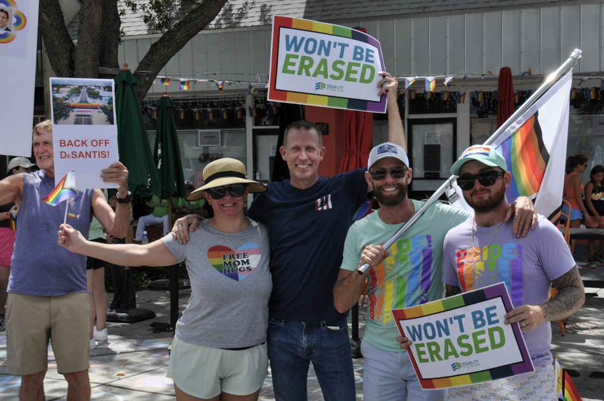 Citizens pose with pride signs at the intersection of Central Avenue and 25th
Street. A peaceful gathering to protest the removal of a pride crosswalk on
this block took place on September 1. 