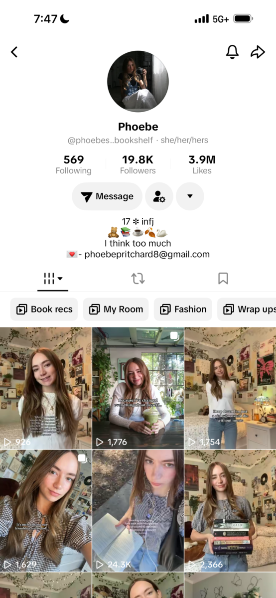 Senior Phoebe Pritchard's TikTok profile. She is known for her "BookTok" content, sharing her love for reading with the world. 