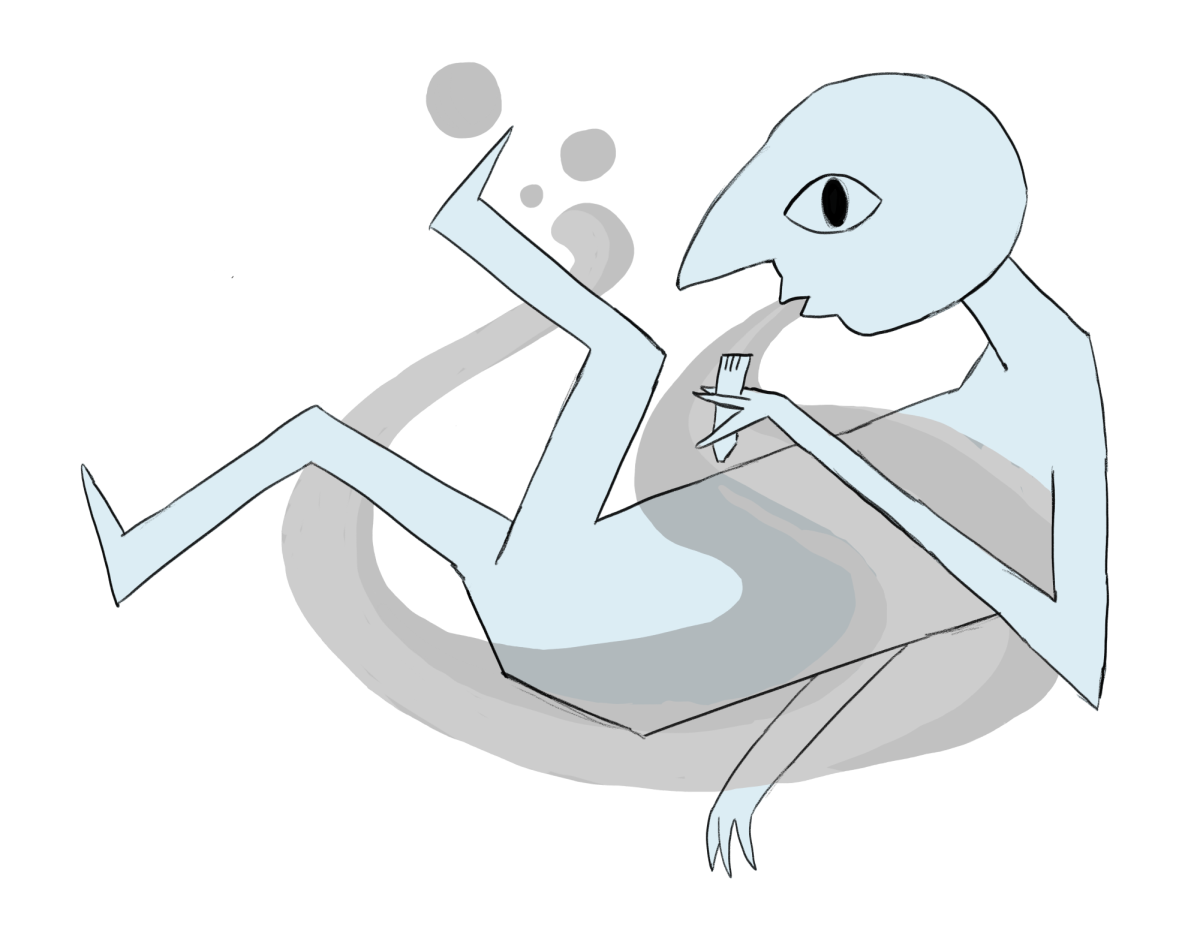 A strange character hangs in the air, vape in hand. Illustration by Harper Nelson-Wooley.